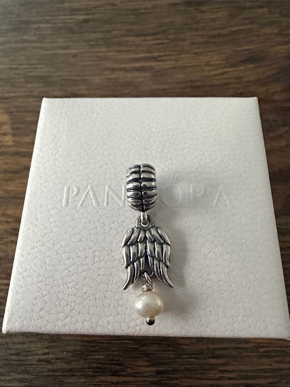 Pandora Silver Angel Wing Dangle Charm with White Pearl